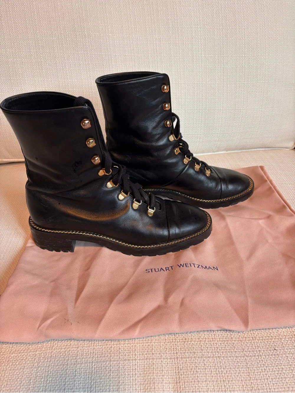 Stuart Weitzman Laine Black Leather Combat Boots Size 7.5 Gold Hardware